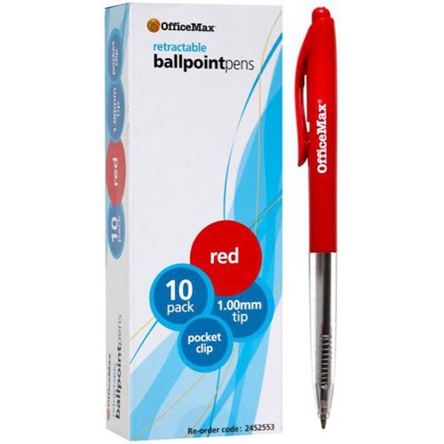 OfficeMax Red Retractable Ballpoint Pens 1.0mm Medium Tip, Pack of 10