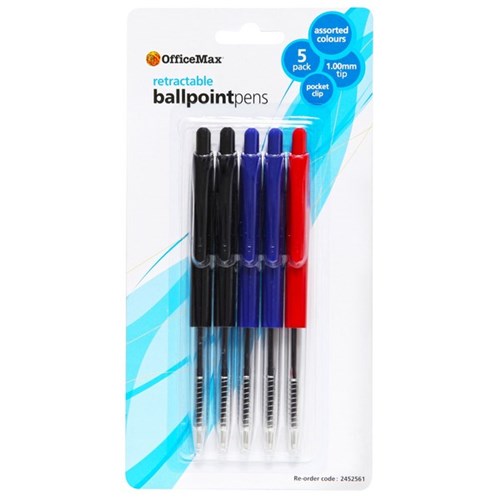 OfficeMax Blue/Black/Red Retractable Ballpoint Pens 1.0mm Medium Tip, Pack of 5
