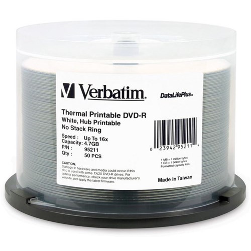 Verbatim Thermal Printable DVD-R Discs 4.7GB White, Spindle of 50