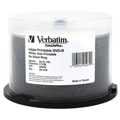 Verbatim Inkjet Printable DVD-R Discs 4.7GB White, Spindle of 50