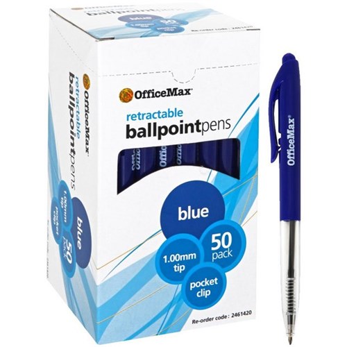 OfficeMax Blue Retractable Ballpoint Pens 1.0mm Medium Tip, Pack of 50