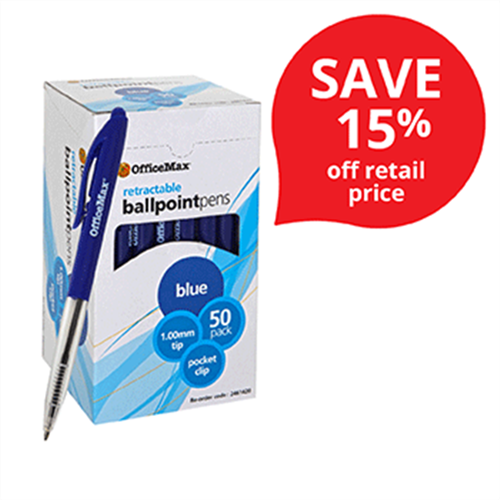 OfficeMax Blue Retractable Ballpoint Pens Medium Tip, Pack of 50