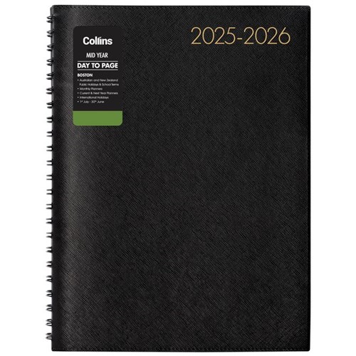 Collins Boston A41 Mid Year Diary A4 1 Day Per Page 1 July 2025 to 30 June 2026 Black