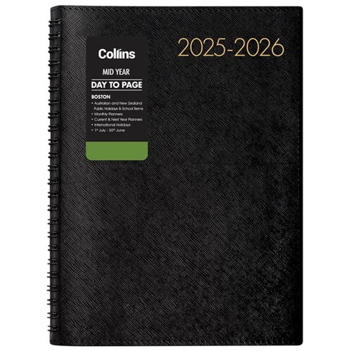 Collins Boston A51 Mid Year Diary A5 1 Day Per Page 1 July 2025 to 30 June 2026 Black