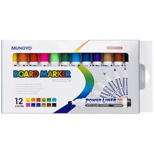 Mungyo Assorted Colours Power Liner Whiteboard Markers Bullet Tip, Set of 12