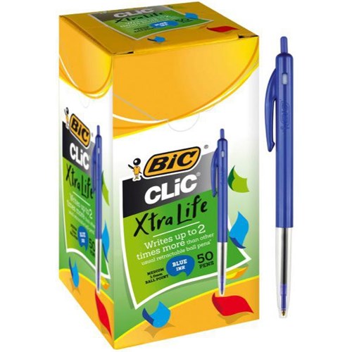 BIC Clic Blue Ballpoint Pens 1.0mm Medium Tip Blue Barrel, Box of 50