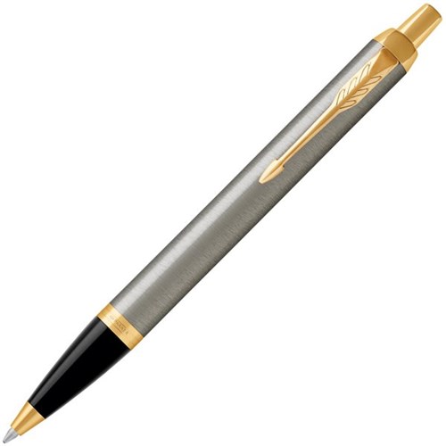Parker IM Brushed Metal Blue Ink Ballpoint Pen 1.0mm Medium Tip Gold Barrel