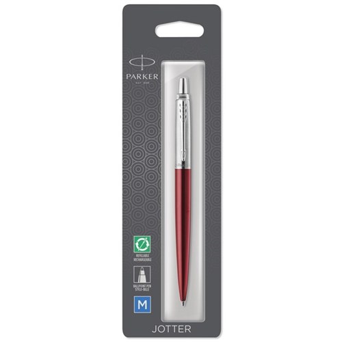 Parker Jotter Blue Ink Ballpoint Pen 1.0mm Medium Tip Chrome/Red Barrel