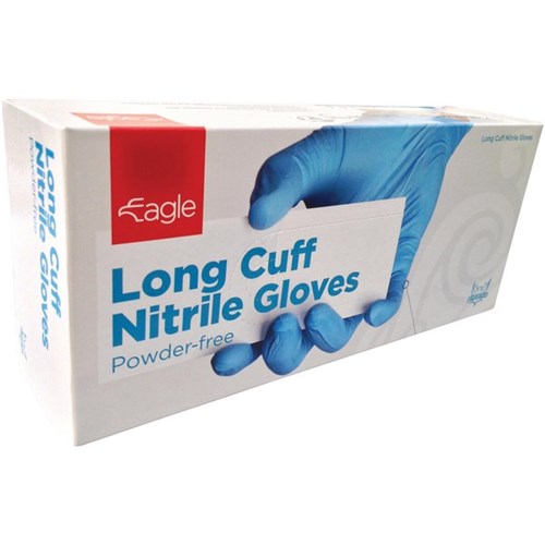 Eagle Nitrile Long Cuff Gloves 290mm Small Blue, Pack of 100