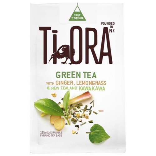 Ti Ora Green Tea Bags Ginger & Lemongrass with Kawakawa, Pack of 15