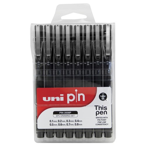 uni Pin Black Fine Line Pigment Pen Assorted Tips, Pack of 8