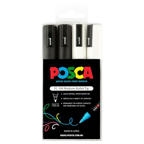 Uni Posca Paint Marker Medium Bullet Tip Black/White, Pack of 4