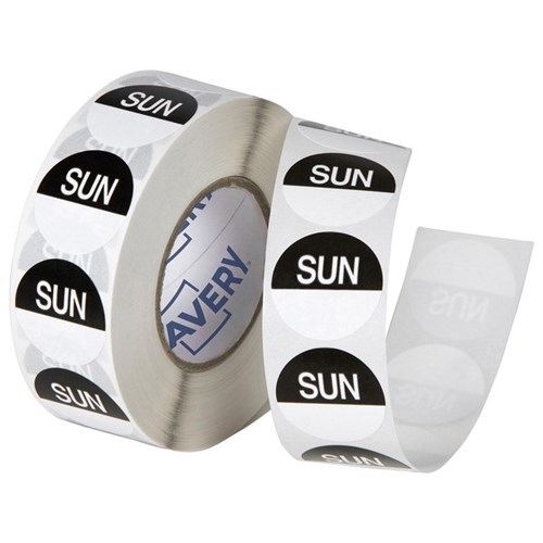 Avery Round Food Rotation Labels Sunday 24mm Black/White, Roll of 1000