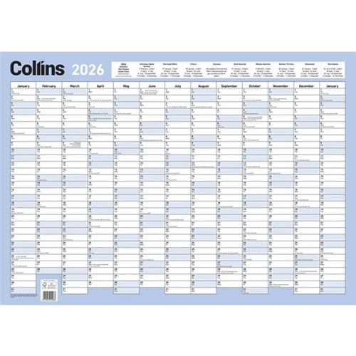 Collins Annual Wall Year Planner & Marker Pen Laminated 695 x 495mm 2026