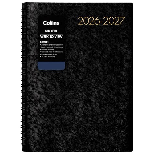 Collins Boston A53 Mid Year Diary A5 Week To View 1 July 2026 to 30 June 2027 Black