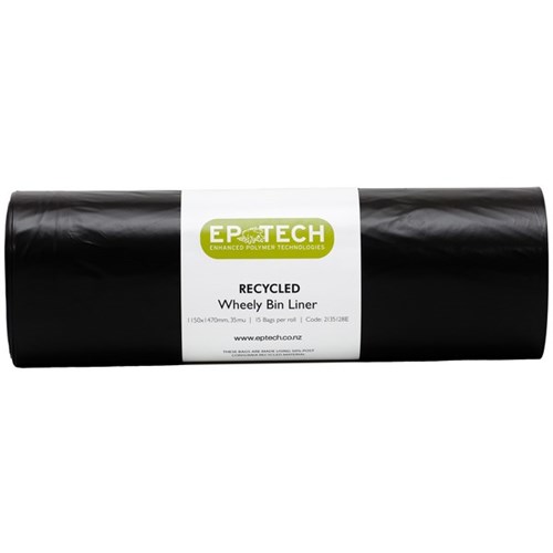 EP Tech Recycled Wheely Bin Liner Rubbish Bags 35 Micron 240L Black, Roll of 15