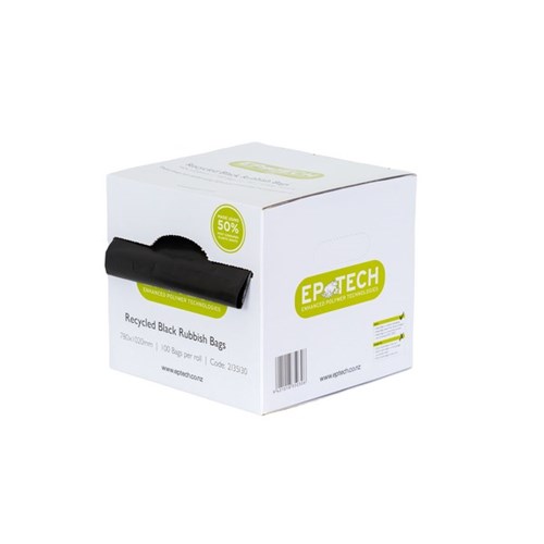 EP Tech Recycled Rubbish Bags With Dispenser Box 35 Micron 80L Black, Box of 100