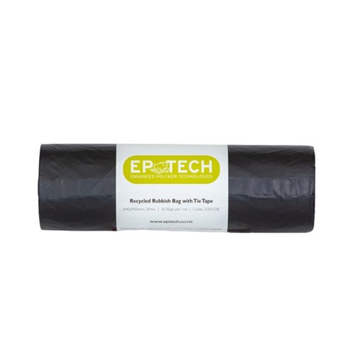EP Tech Recycled Rubbish Bags With Tie Tape 30 Micron 60L Black, Roll of 20