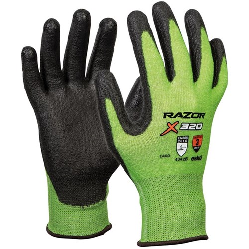 Razor X320 Hi Vis Gloves Cut 3 Size 11 Green, Pack of 12 Pairs