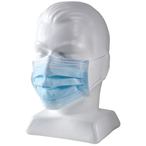 Fluid Resistant Face Mask 3 Ply Non-Sterile Loop Blue, Box of 50