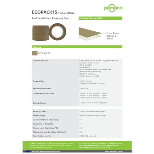 Pomona EcoPack 15 Paper Packaging Tape 48mm x 50m Brown