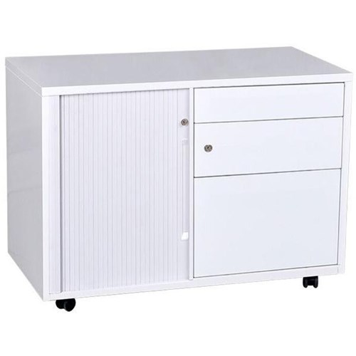 Mobile Caddy 3 Drawer Left Tambour Door Matte White 900mm