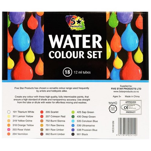 Five Star Watercolour Paint 12ml Assorted Colours, Set of 18