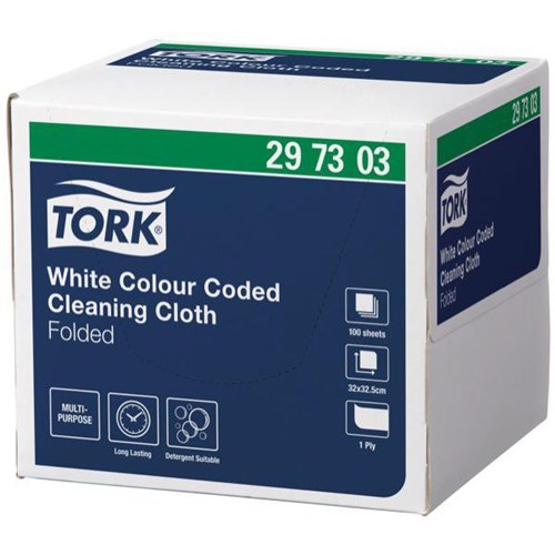 Tork Colour Coded Cleaning Cloth Folded 297303 320 x 325mm White, Box of 100