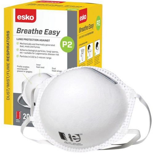 Esko P2 Breathe Easy Non-Valved Dust & Mist Respirator Masks, Box of 20