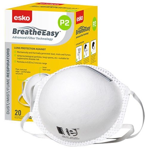 Esko P2 Breathe Easy Non-Valved Dust & Mist Respirator Masks, Box of 20