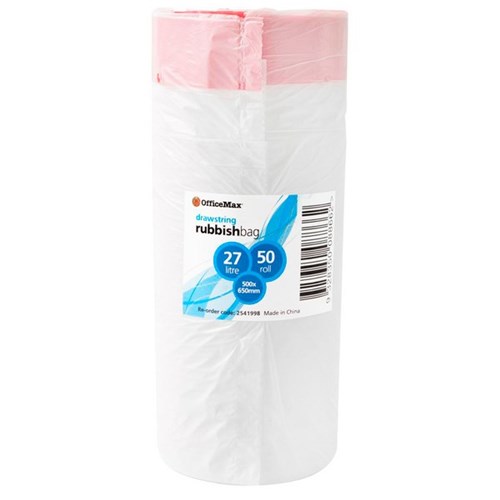 OfficeMax Rubbish Bag Drawstring White 500x650mm 14 Micron 27L, Roll of 50