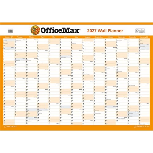 OfficeMax Dated Year Wall Planner Double Sided Unlaminated 990x700mm 2027