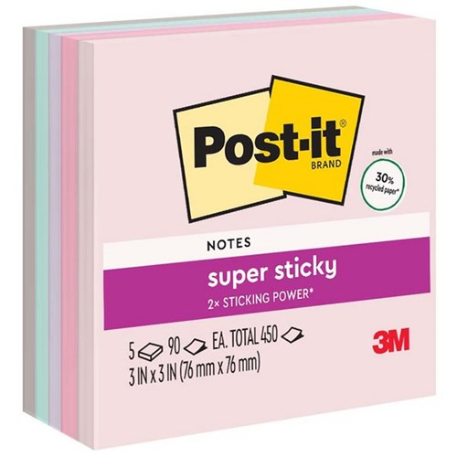 Post-it® Notes 654 Super Sticky Recycled 76x76mm Wanderlust, Pack of 5