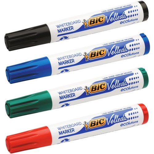 BIC Velleda ECOlutions Assorted Colours Whiteboard Markers Bullet Tip, Pack of 4