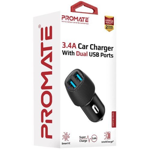 Promate Dual Port USB Car Charger 3.4A Black