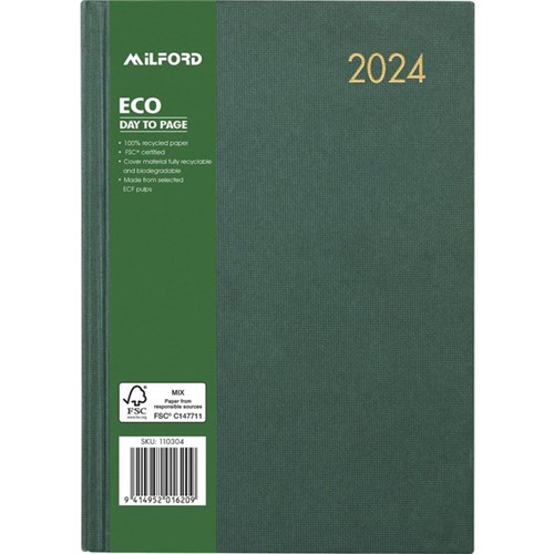Milford A51 Eco Diary A5 1 Day To A Page 2024 Green