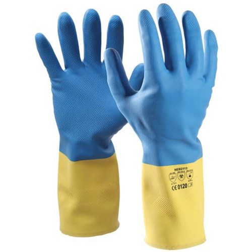 Esko Heveaprene Chemical Neoprene/Latex Gloves Extra Large Blue/Yellow, Pack of 12 Pairs