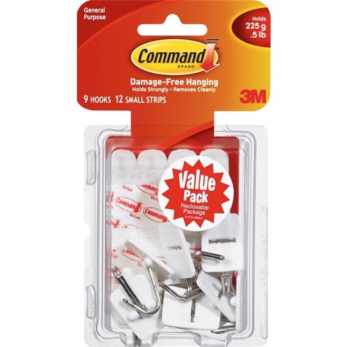 Command™ Adhesive Wire Hooks Small, Pack of 9 Hooks & 12 Strips