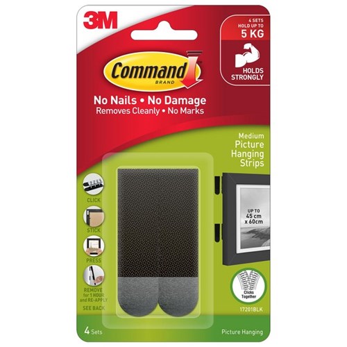 Command™ Picture Hanging Strips Medium Black, Pack of 4 Sets