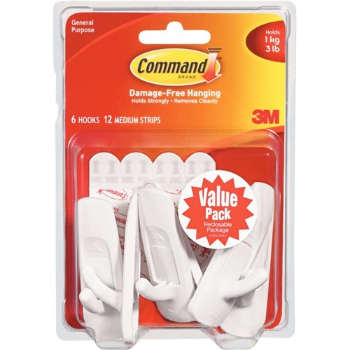 Command™ Adhesive Hooks Medium 1kg, Pack of 6