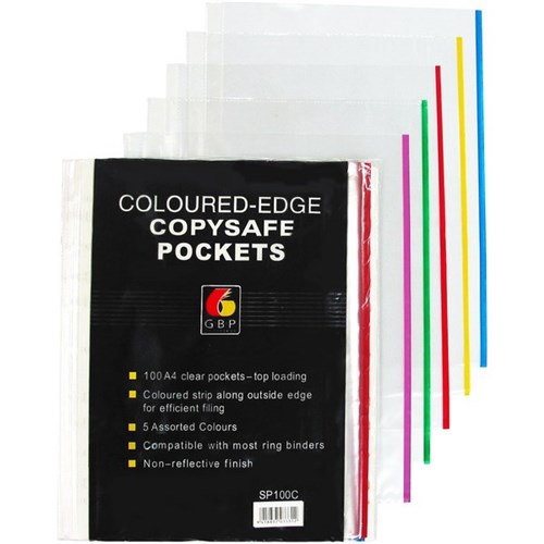 GBP Copysafe Pockets A4 Assorted Colour Edge, Pack of 100