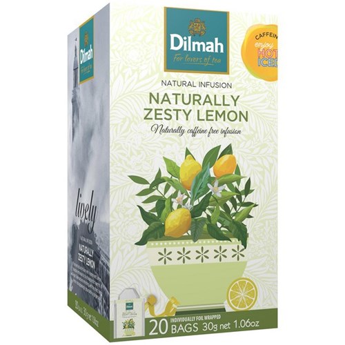 Dilmah Naturally Zesty Lemon Enveloped Tea Bags, Box of 20