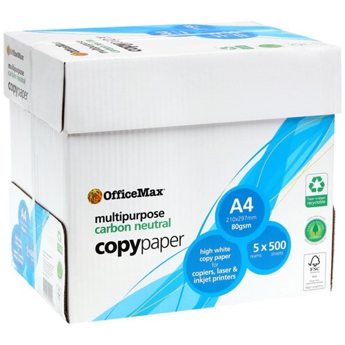 OfficeMax A4 80gsm Carbon Neutral White Copy Paper Recyclable Wrapper, 5 Packs of 500