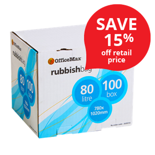 OfficeMax Dispenser Box Rubbish Bags 780x1020mm 40 Micron Black, Box of