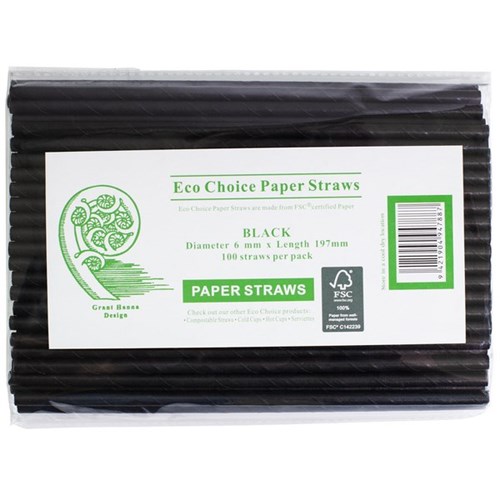Eco Choice Compostable Paper Straws Regular 6x197mm Black, Pack of 100