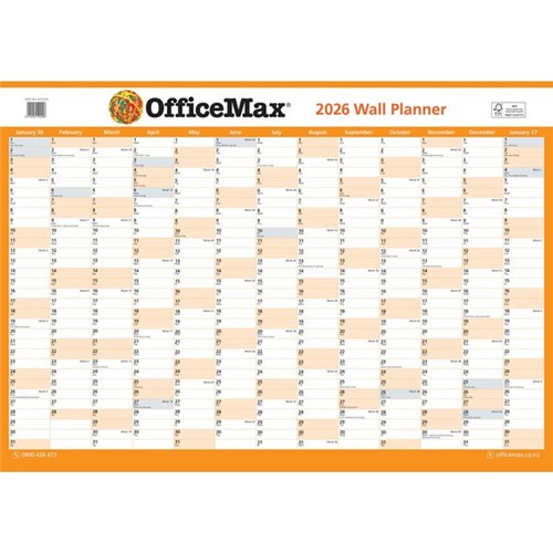 OfficeMax A3 Dated Year Wall Planner Double Sided Laminated 420x297mm 2026
