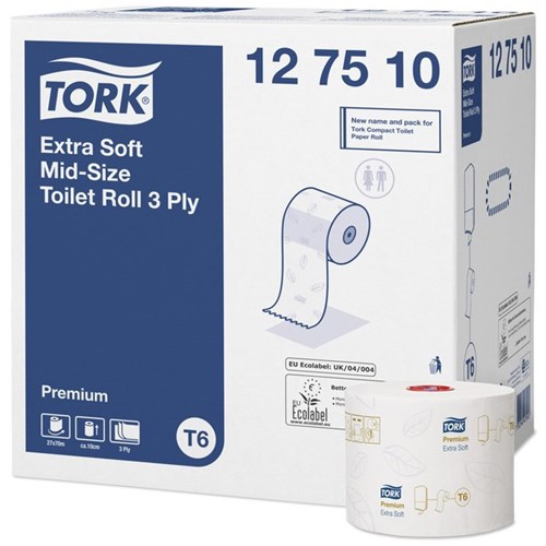 Tork T6 Premium Mid-Size Toilet Tissue 3 Ply 70m 127510, Carton of 27
