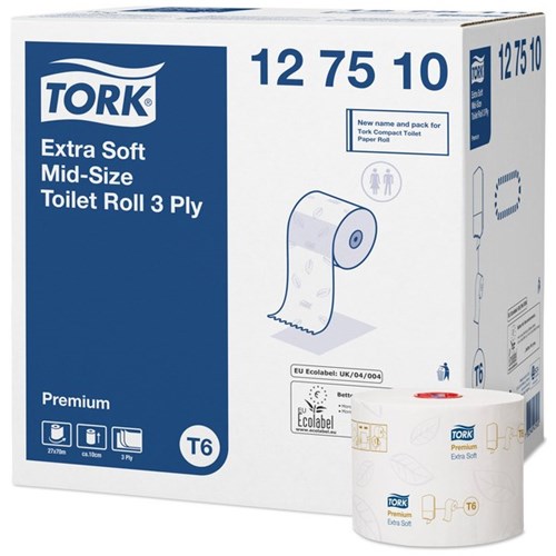 Tork T6 Premium Mid-Size Toilet Tissue 3 Ply 70m 127510, Carton of 27