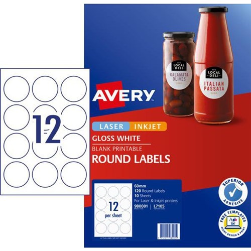 Avery Round Glossy Laser Labels L7105 White 12 Per Sheet