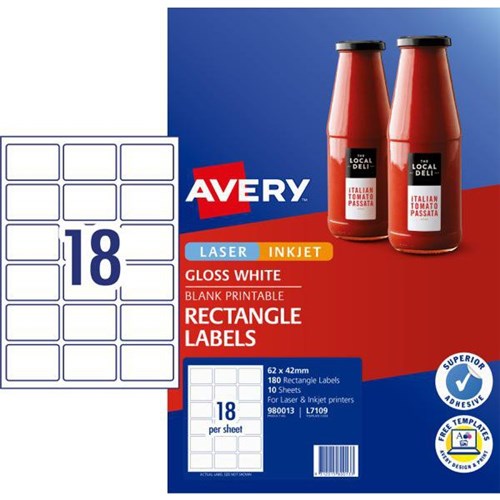 Avery Rectangular Glossy Laser Labels L7109 White 18 Per Sheet